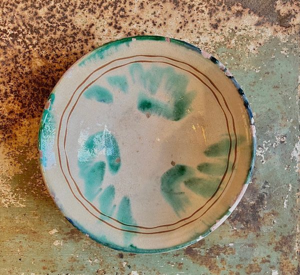 19th Century Spanish Ceramic Basin hand painted and Glazed in Green Tones